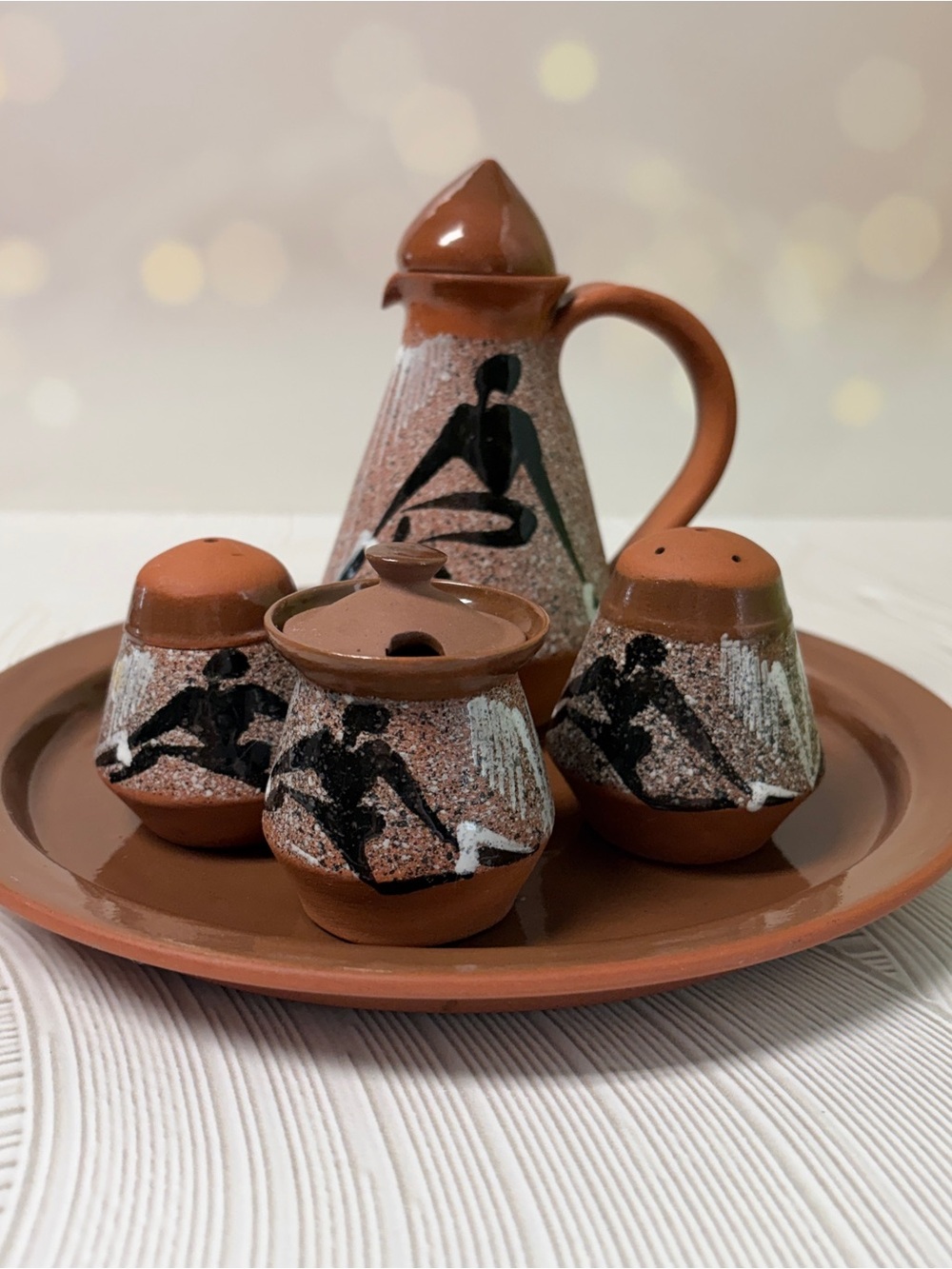 MCM Simba Pottery Condiment Set Zimbabwe African Studio Pottery w/ 8.5” Tray